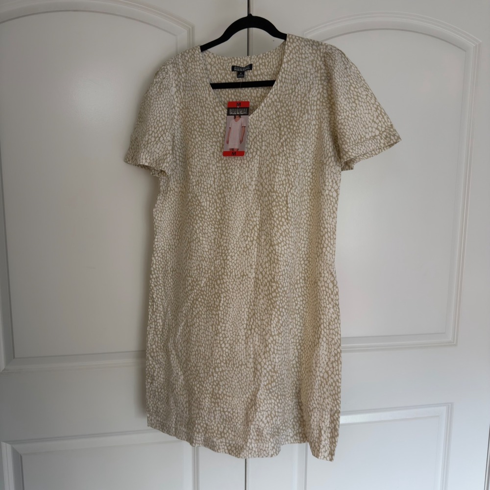 Nicole Miller Original Womens Tan White Animal Print Linen Blend Shift Dress M